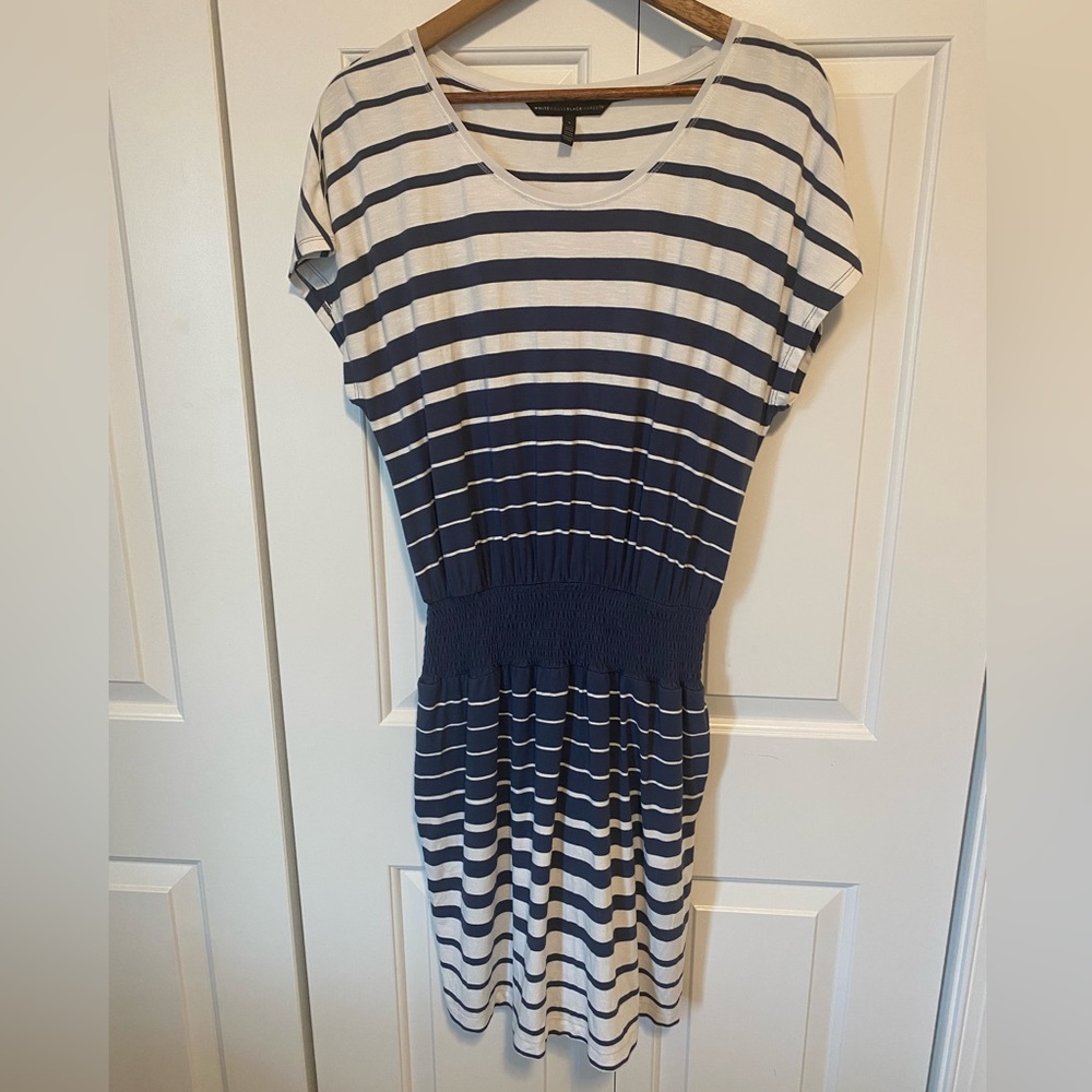 White House Black Market Navy and White Striped Midi Dress